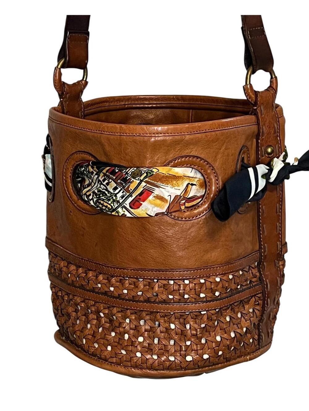 Anthropologie Luisa Holding Horses Leather Bucket Bag • Woven Boho Equestrian